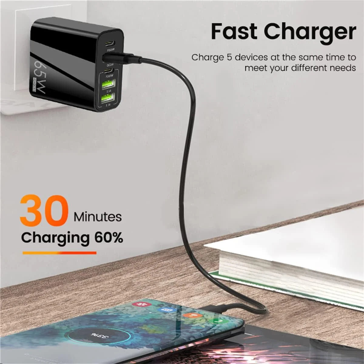 USB C Wall Charger,65W Fast Charger 2 Pcs,6 Port Power Adapter,Suitable for Multi-Model Mobile Phones,Tablets,Computers