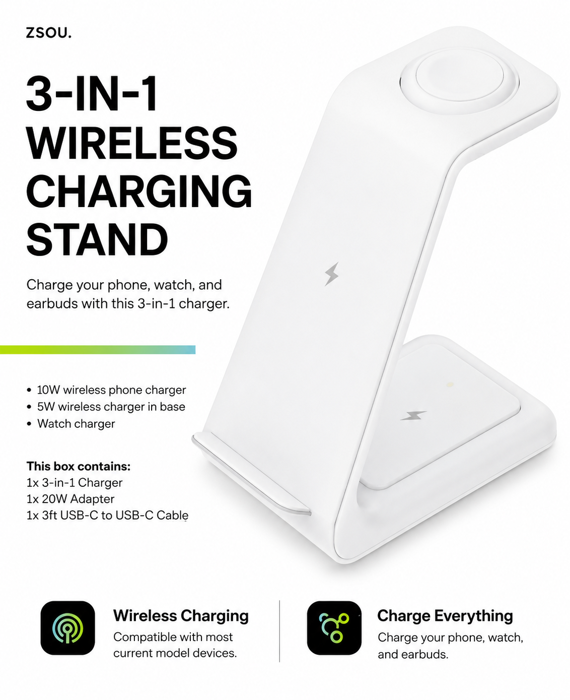 Technical features infographic for the PrimeSync wireless charging stand. A high-quality product render sits next to detailed specifications: 10W phone charging, 5W base charging, and dedicated watch charging. Includes details on package contents: the charger, a 20W adapter, and a USB-C cable.