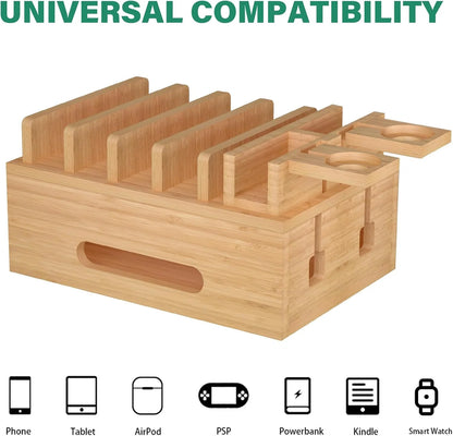 Bamboo Charging Stations for Multi Devices, Wood Desktop Docking Station Charger Organizer for Cell Phones, Tablets, Earphones, Watch (Includes 6 Charging Cables) (No Power Supply)