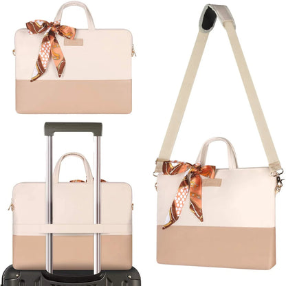 Stylish PU Leather Waterproof 15.6 Inch Laptop Bag for Women, Creamy-White