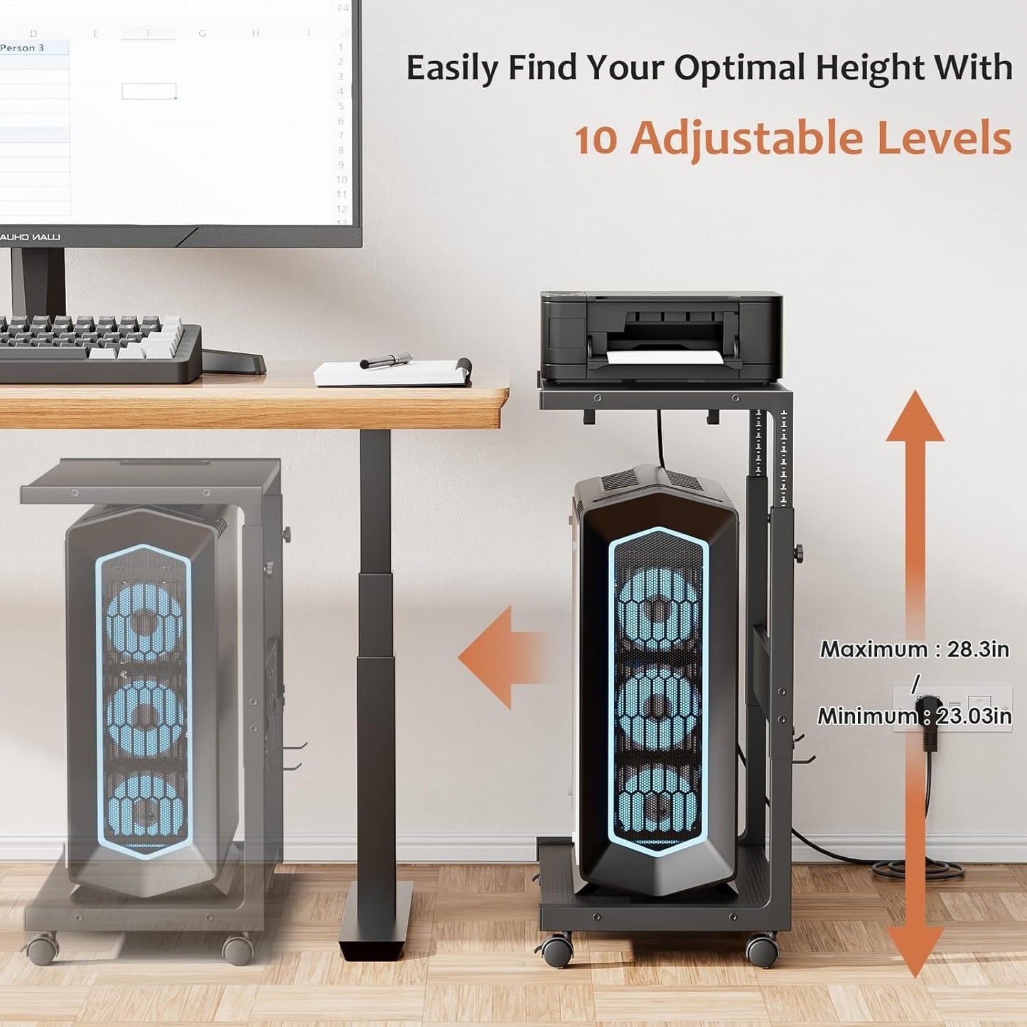 Computer Tower Stand - Adjustable PC Tower Stand CPU Holder Cart with Chargin...