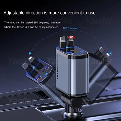 4 in 1 Retractable Car Charger with Starlight 120W USB C Car Charger Adapter W/ 2 USB Ports Car Phone Charger for Iphone Samsung