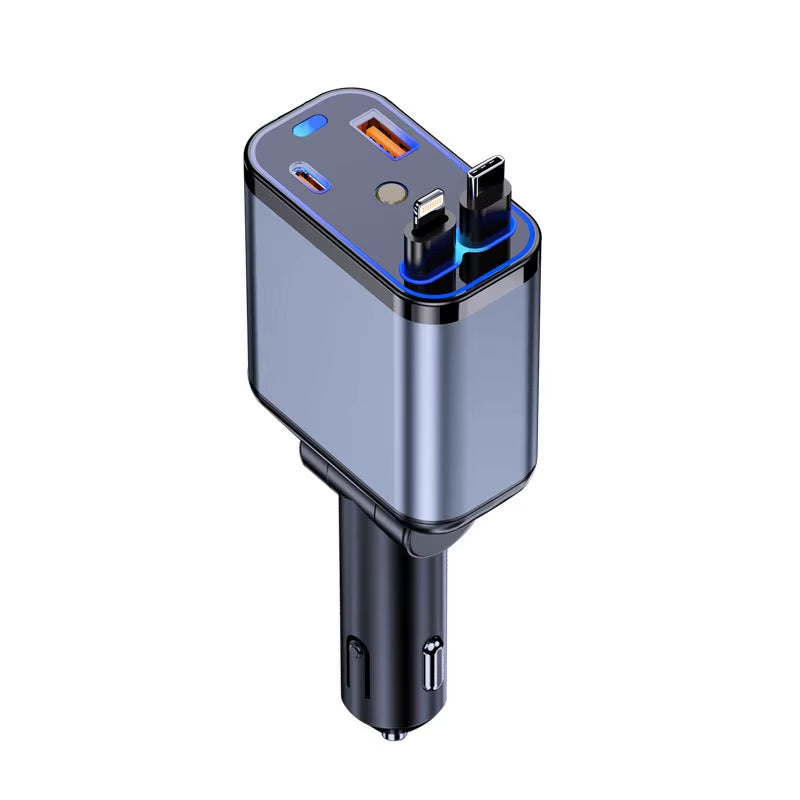 4 in 1 Retractable Car Charger with Starlight 120W USB C Car Charger Adapter W/ 2 USB Ports Car Phone Charger for Iphone Samsung