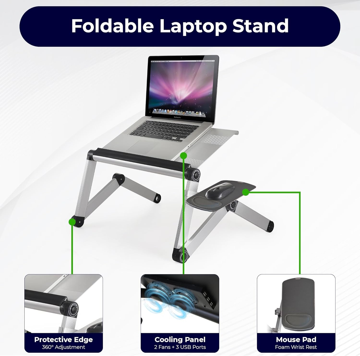 Workez Cooling Adjustable Laptop Stand for Desk W/Fan USB Ports Mouse Pad Ergonomic Foldable Laptop Stand Riser Portable Computer Holder, Silver