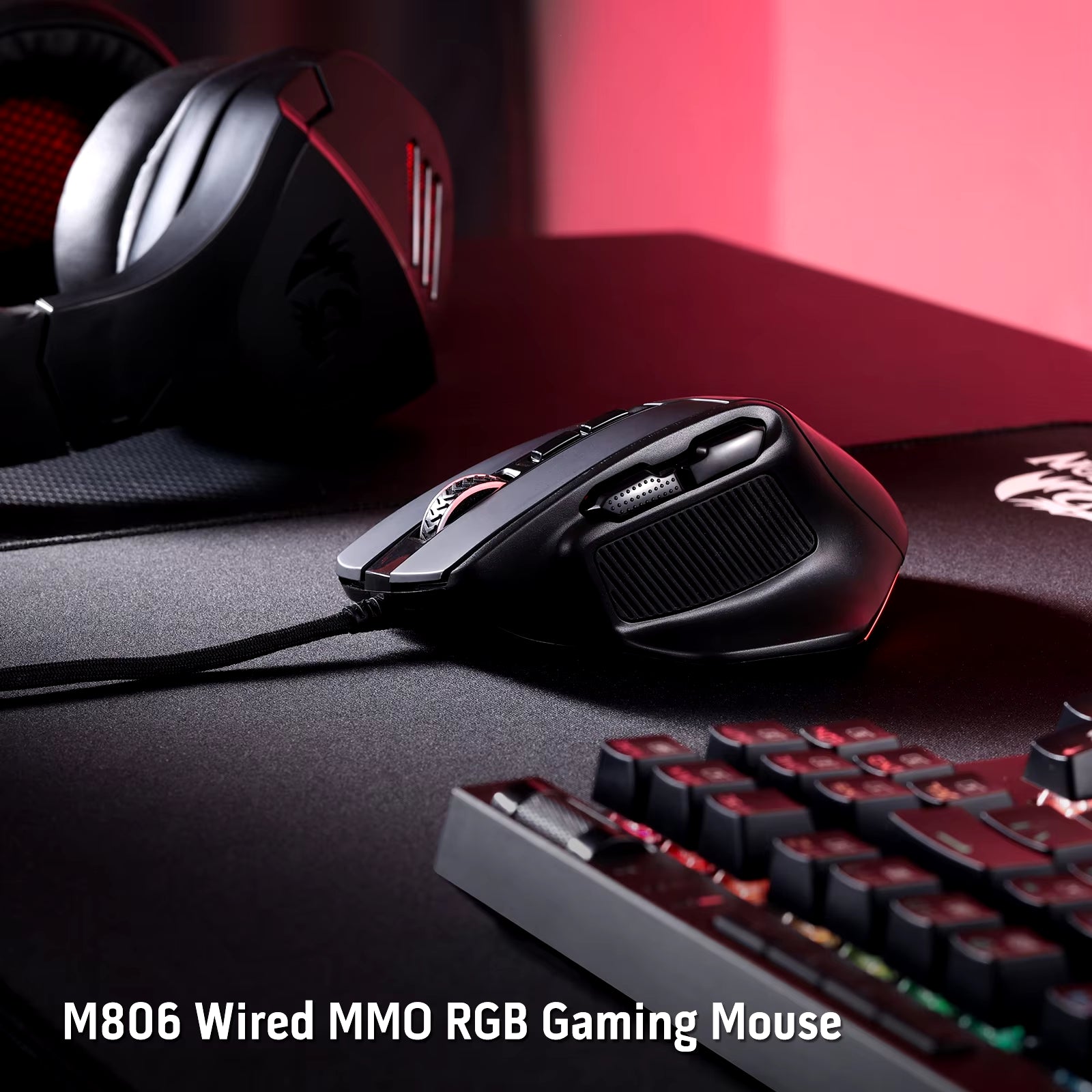 M806 Gaming Mouse, 7 Programmable Buttons Wired RGB Mouse, Software Supports DIY Keybinds & Backlit, Black/White Mouse