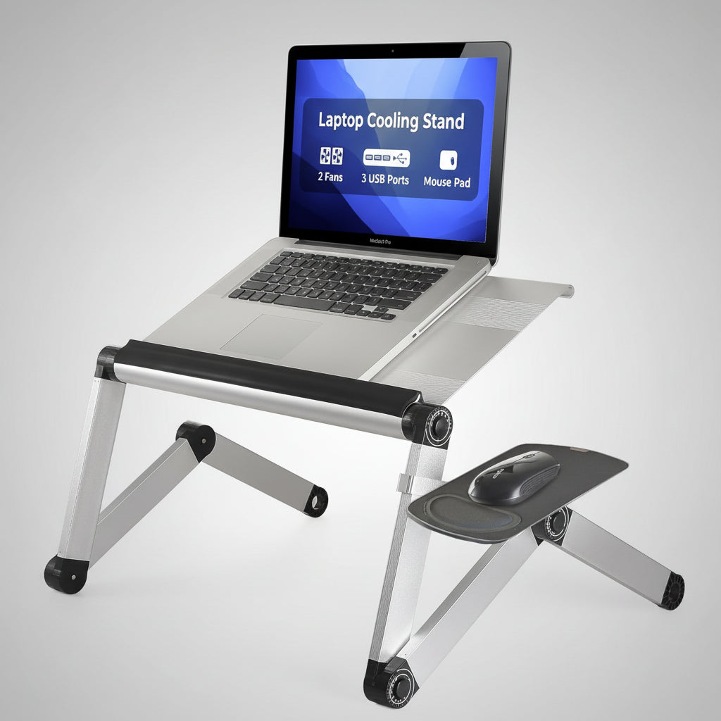 Workez Cooling Adjustable Laptop Stand for Desk W/Fan USB Ports Mouse Pad Ergonomic Foldable Laptop Stand Riser Portable Computer Holder, Silver