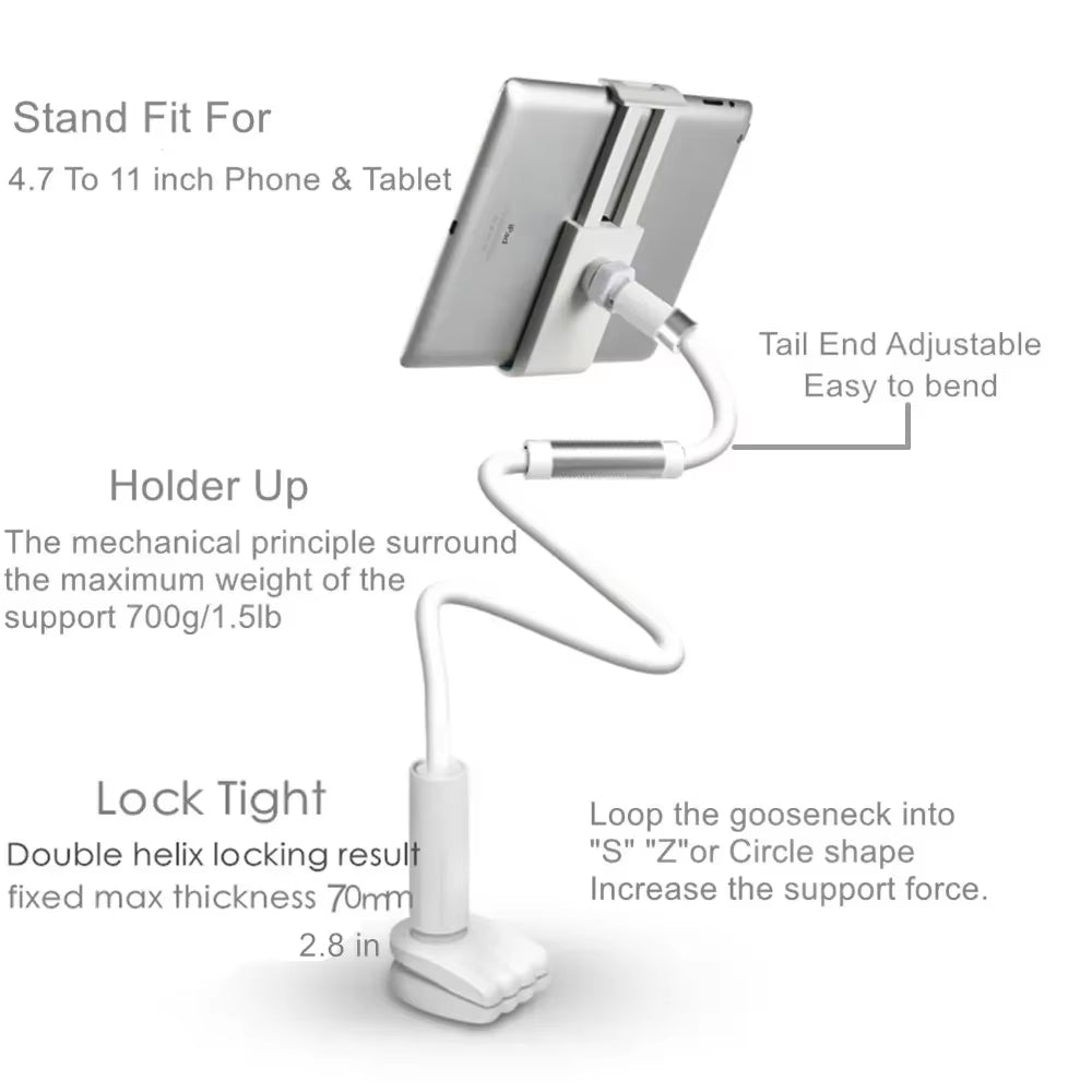 Desktop Phone Tablet Stands 130Cm Tablet Holder Adjustable Mount for Tablet 4.0 to 11 Inch Bed Tablet PC Stand Metal Support