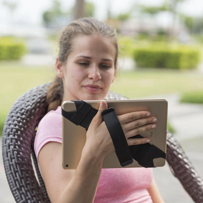 Universal Tablet Hand Holder Strap, 360 Degrees Swivel Leather Handheld Grip with Elastic Belt, Secure & Portable for 10.1" Tablets (Samsung Asus Ipad Etc), Black