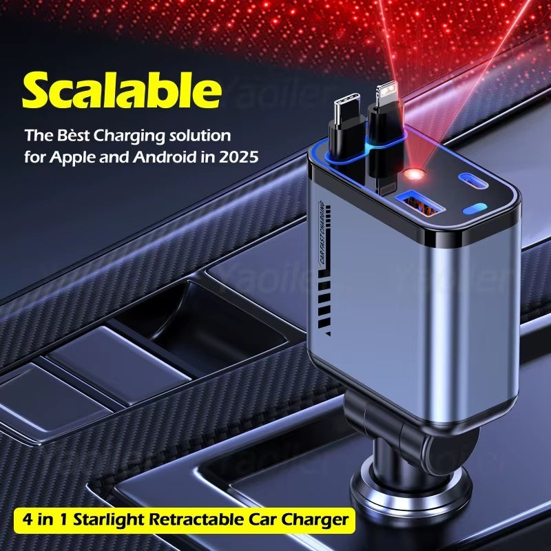4 in 1 Retractable Car Charger with Starlight 120W USB C Car Charger Adapter W/ 2 USB Ports Car Phone Charger for Iphone Samsung