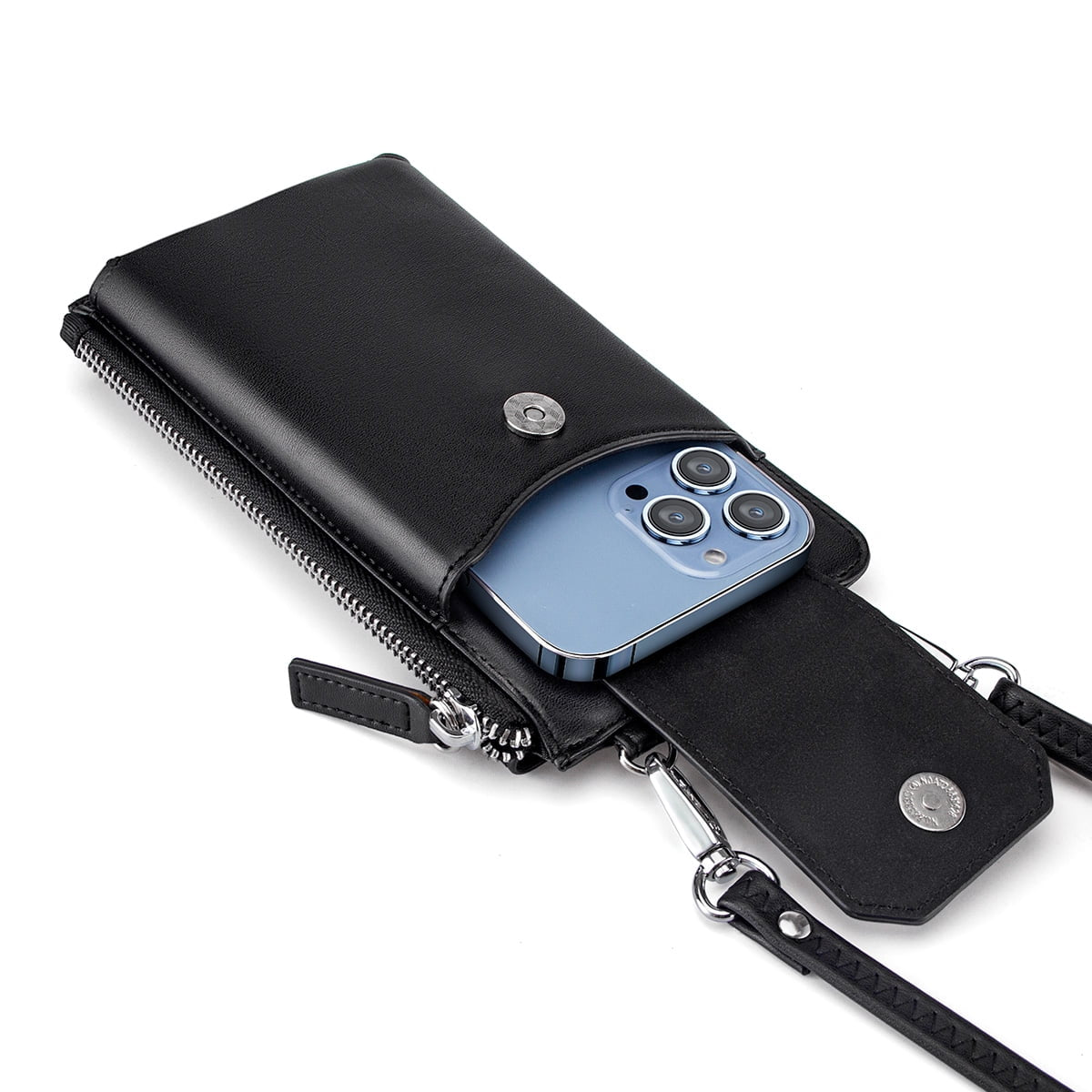 Leather Crossbody Cell Phone Case with Wallet for Universal Phones, Black