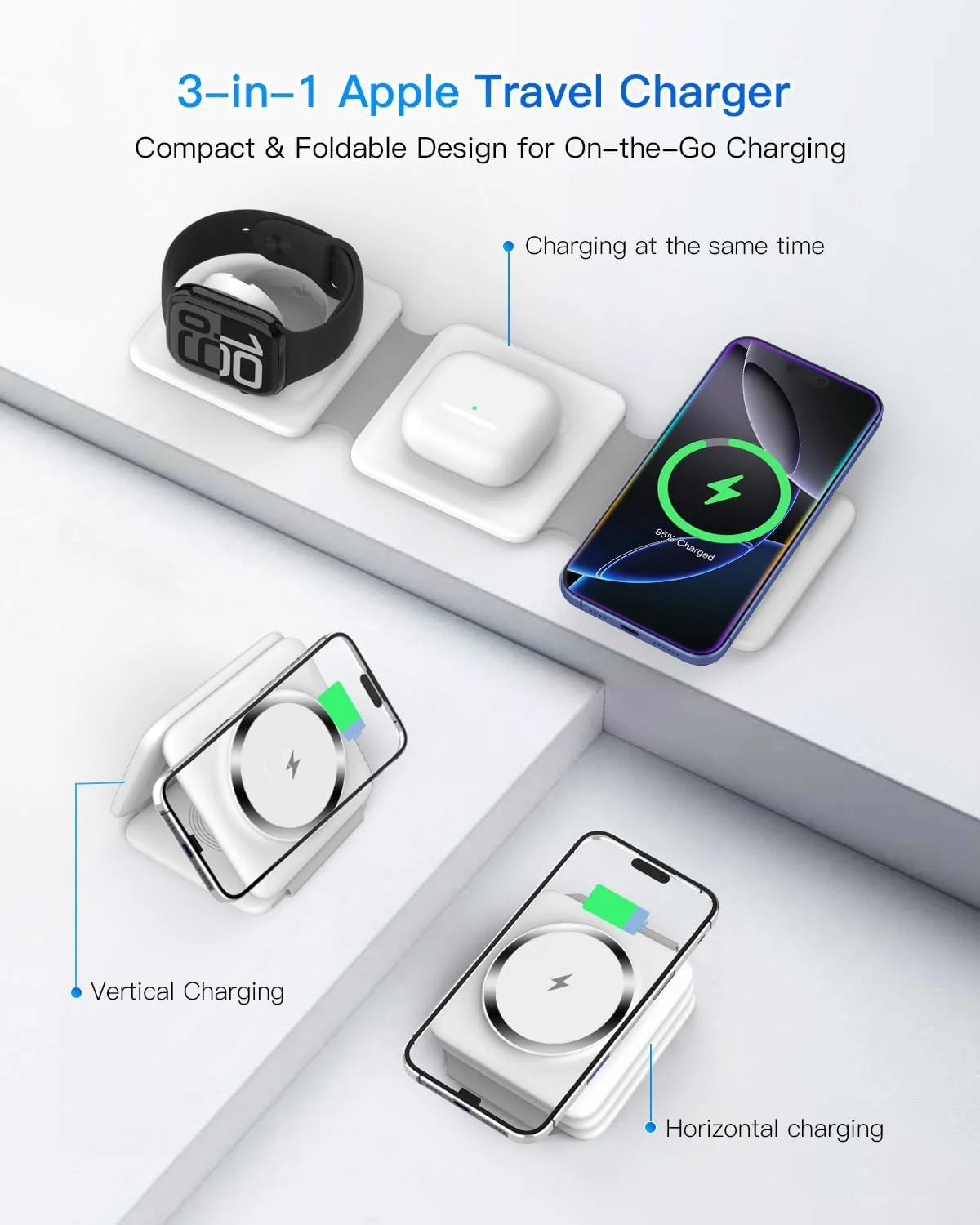Magnetic Wireless Charger Compatible for Iphone: Fodable 3 in 1 Charging Station for Apple Multiple Devices - Travel Charging Pad Dock Compatible for Iphone 15 14 13 12 Pro Max plus & Airpod