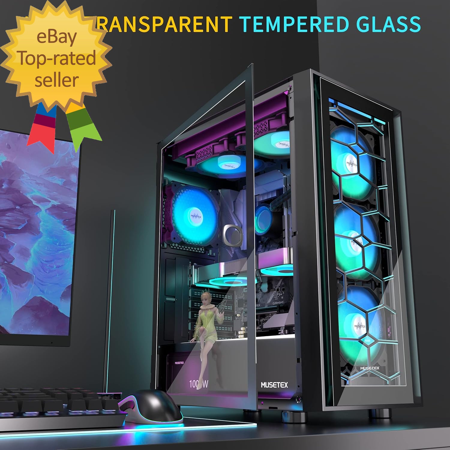 ATX PC Case, 6 PWM ARGB Fans Pre-Installed, Computer Case with Opening Tempered