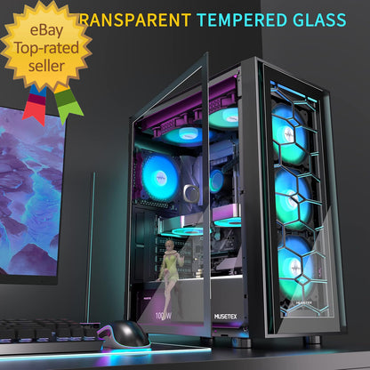 ATX PC Case, 6 PWM ARGB Fans Pre-Installed, Computer Case with Opening Tempered