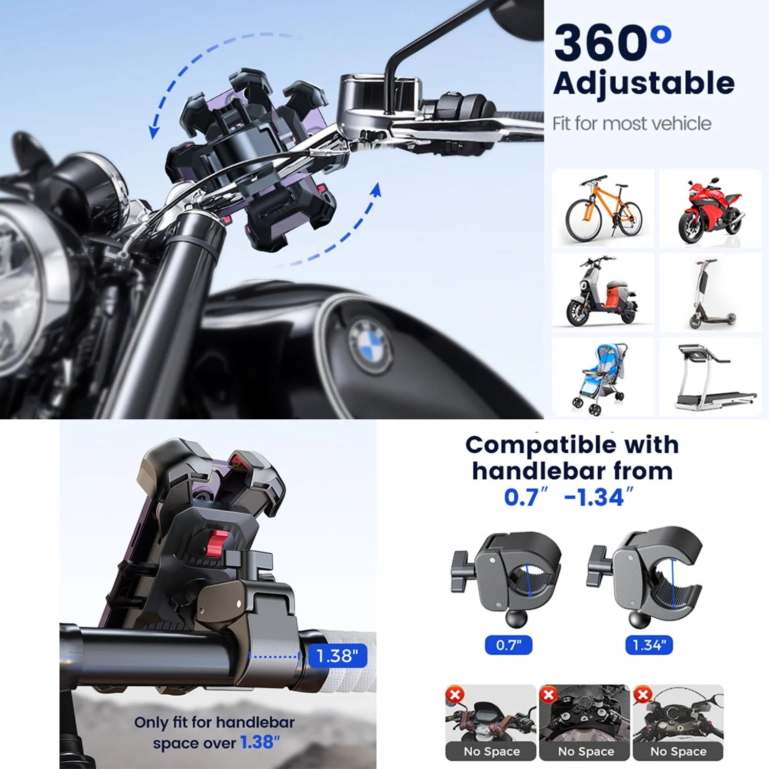 Motorcycle Phone Mount Bike Phone Holder, Auto Lock Adjustable Handlebar Phone Holder Mount for 4.7"-7" Cell Phones