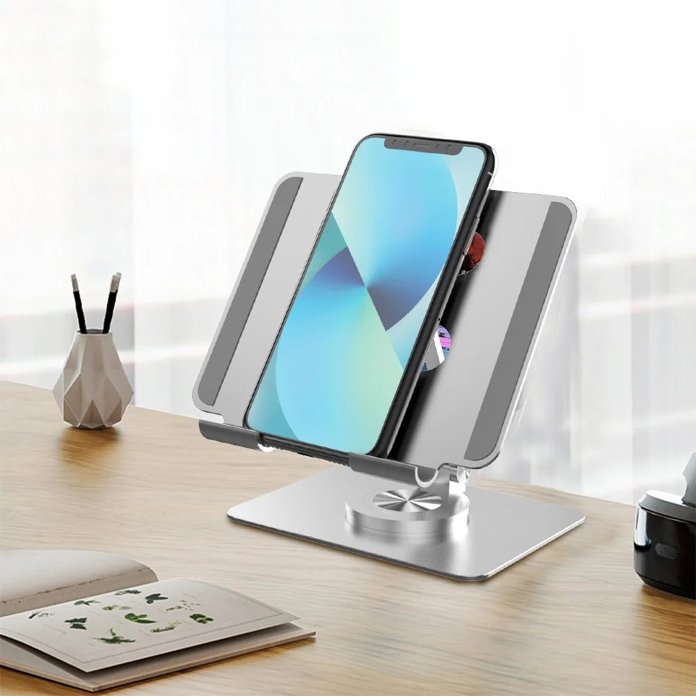 Adjustable Aluminum Alloy Desktop Stand with 360 Rotating Base,Multi-Angle Height Adjustable Desktop Holder Compatible with 4-12.9Inch Ipad,Mobile,Tablet Devices,Silver