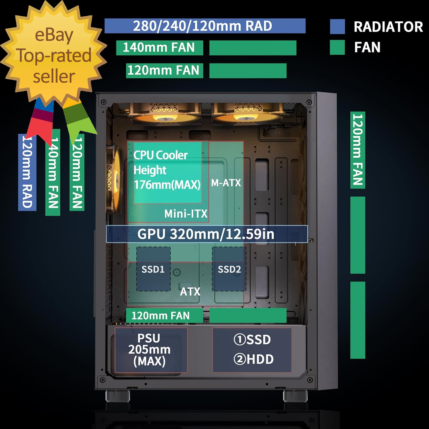 ATX PC Case, 6 PWM ARGB Fans Pre-Installed, Computer Case with Opening Tempered