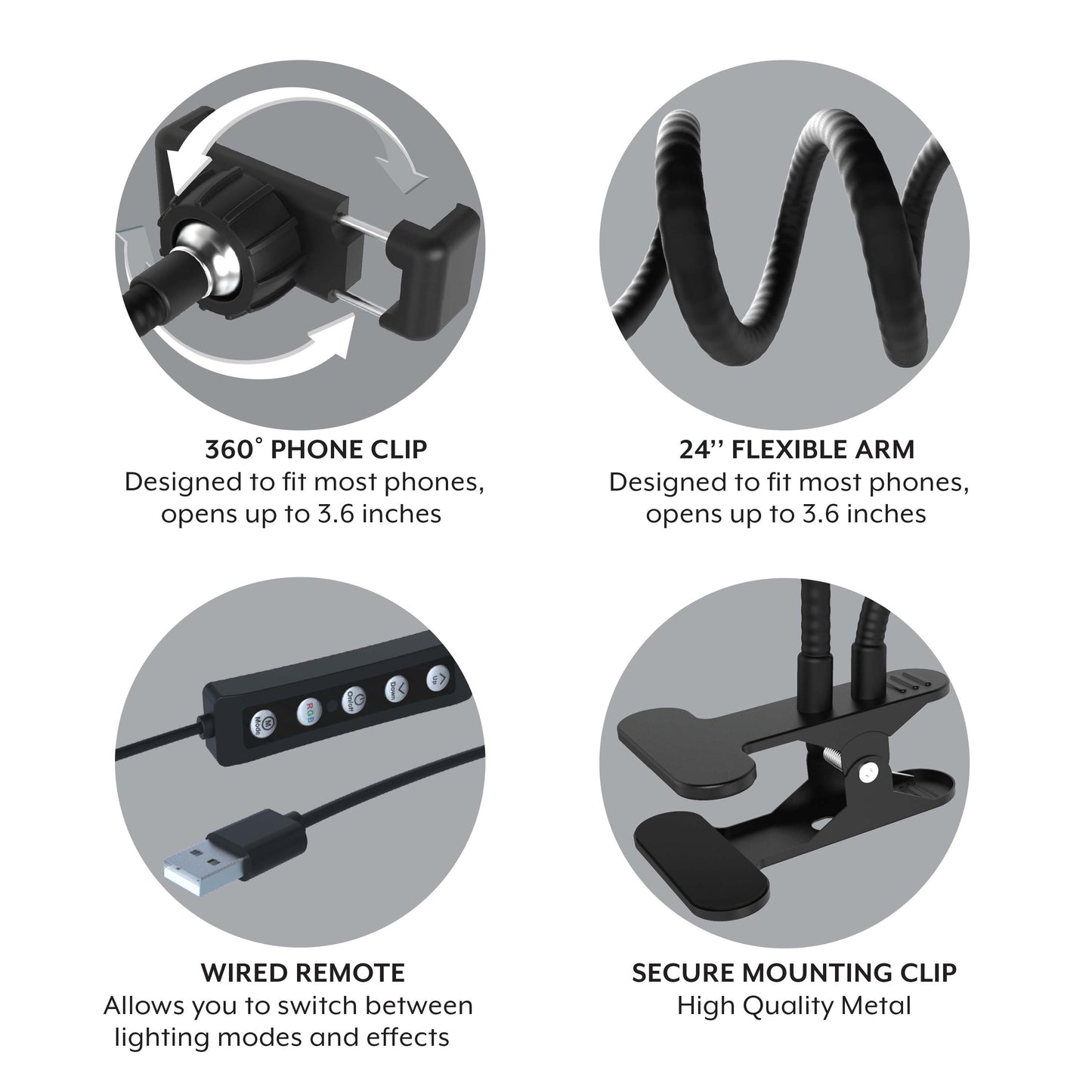 Flexible White and RGB LED Ring Light with Smartphone Holder