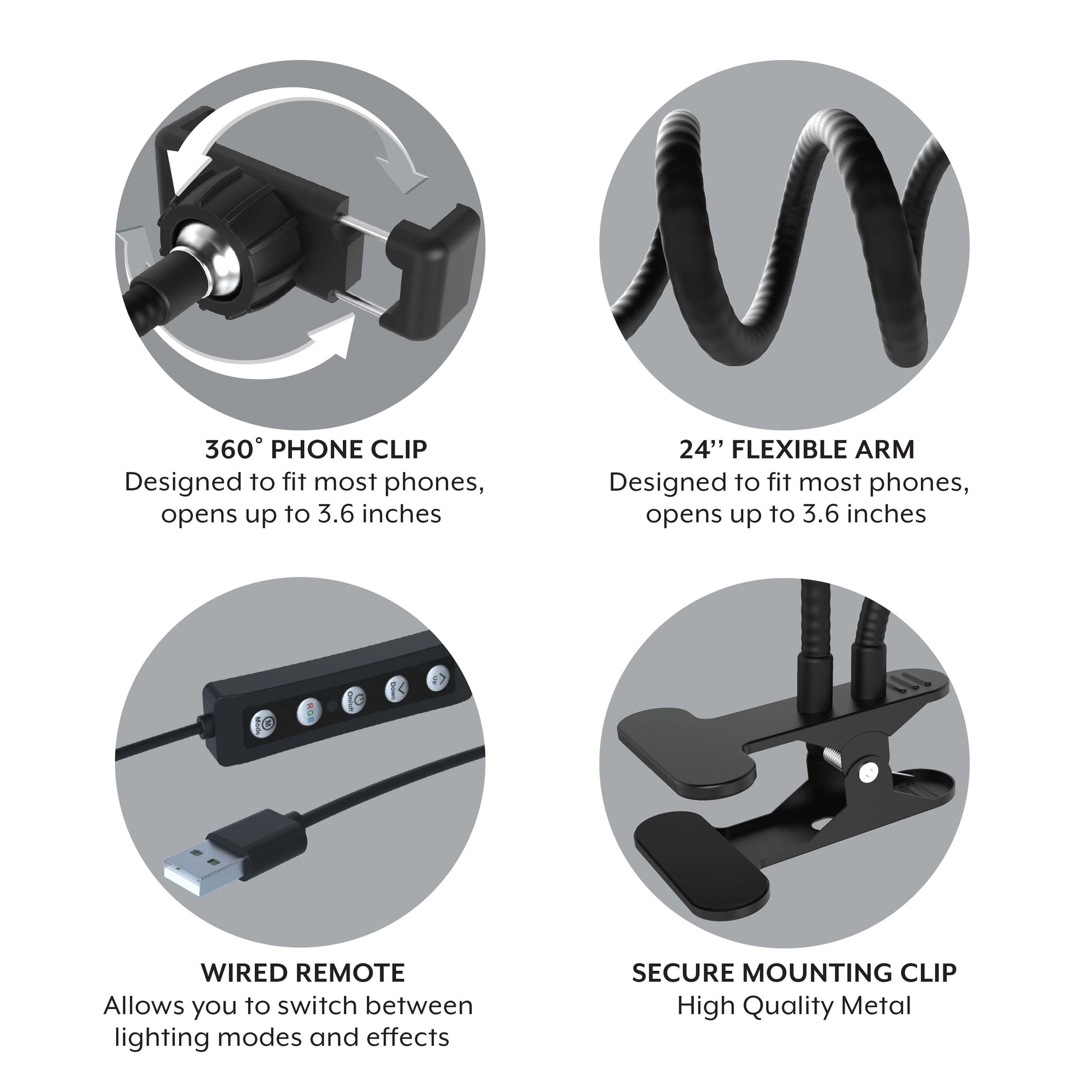 Flexible White and RGB LED Ring Light with Smartphone Holder