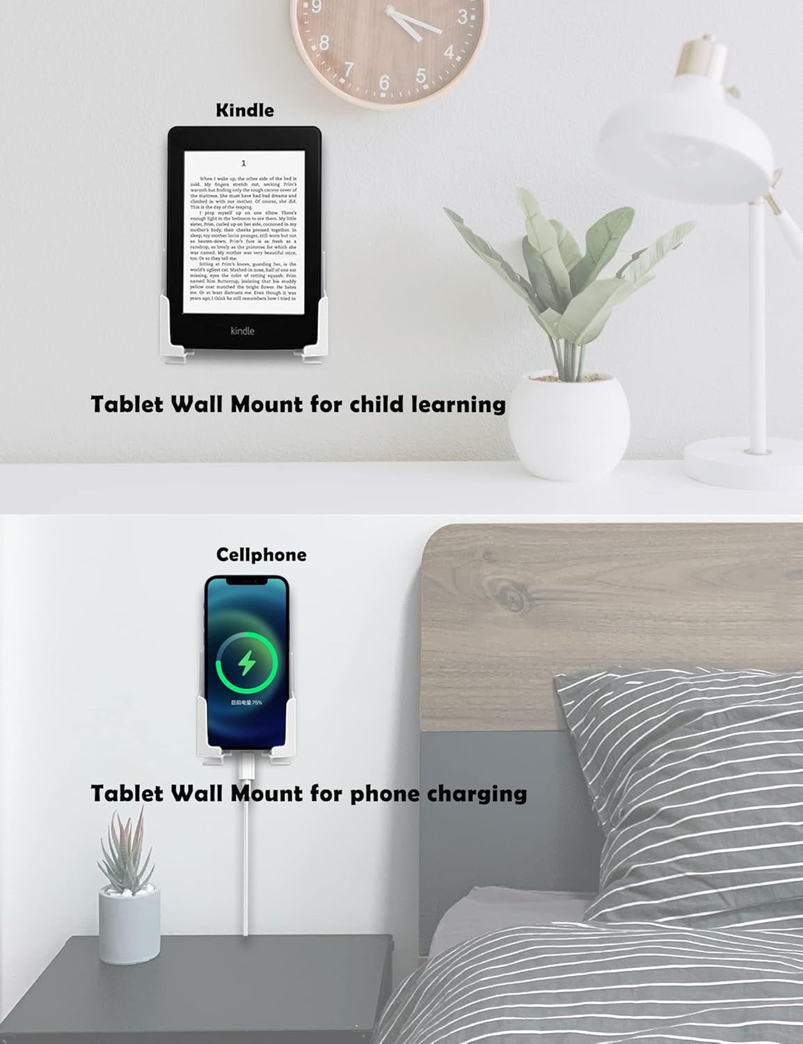 Universal Tablet Wall Mount Dock for Ipad Compatible with Phone Wall Mount for Charge Bedside Damage-Free Fit for Iphone/Tablet/Ipad/Kindle/E-Book/Fixed by Adhesive or Screws (2 Set)