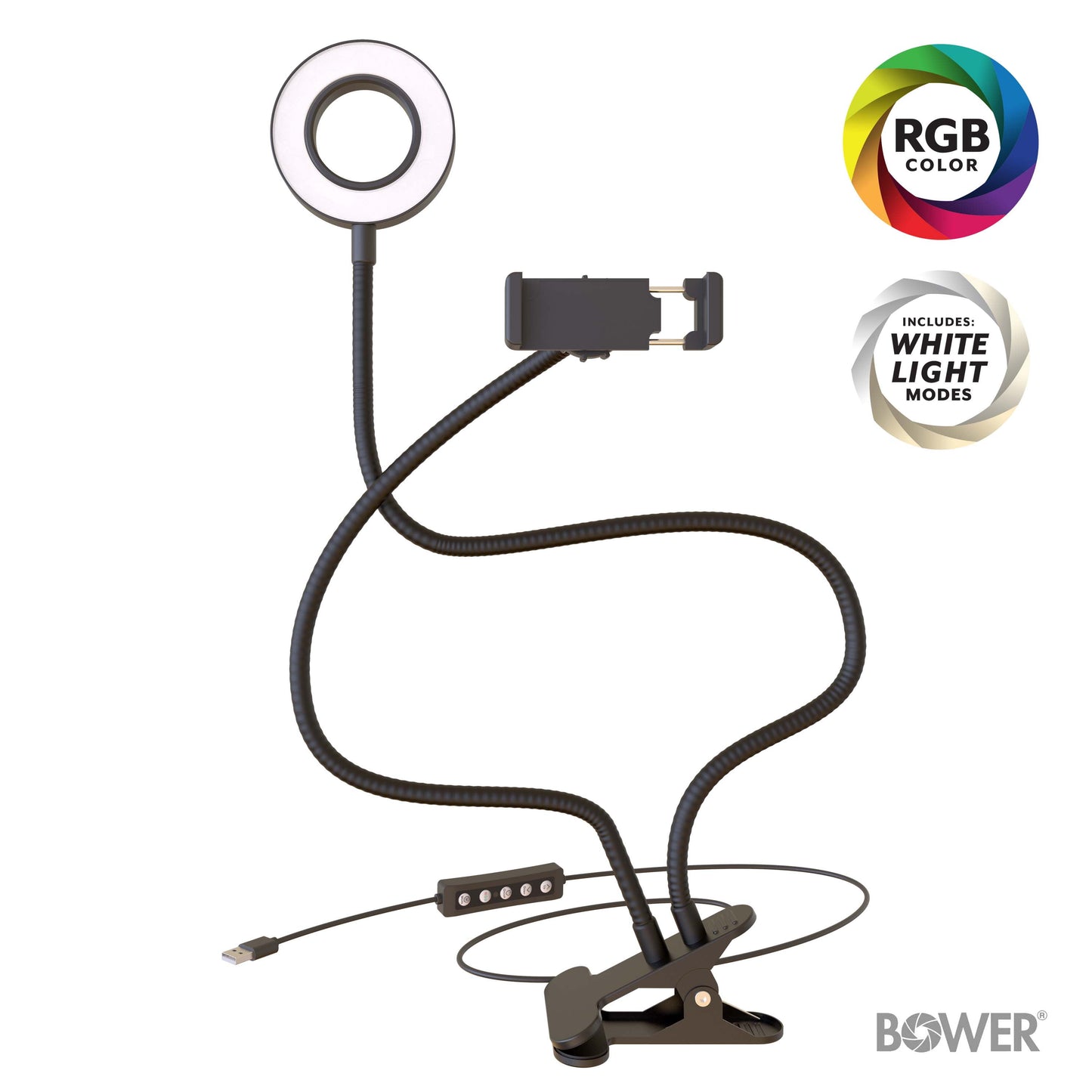 Flexible White and RGB LED Ring Light with Smartphone Holder