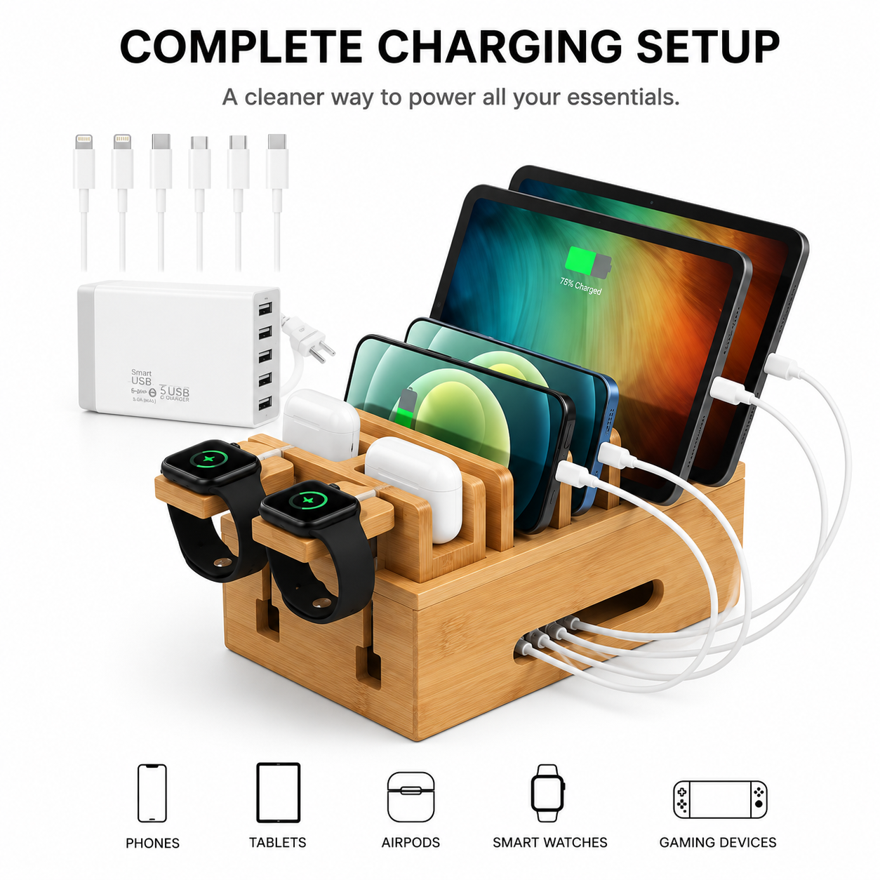 Aesthetic remote worker's clean desk setup featuring the PrimeSync bamboo charging hub.