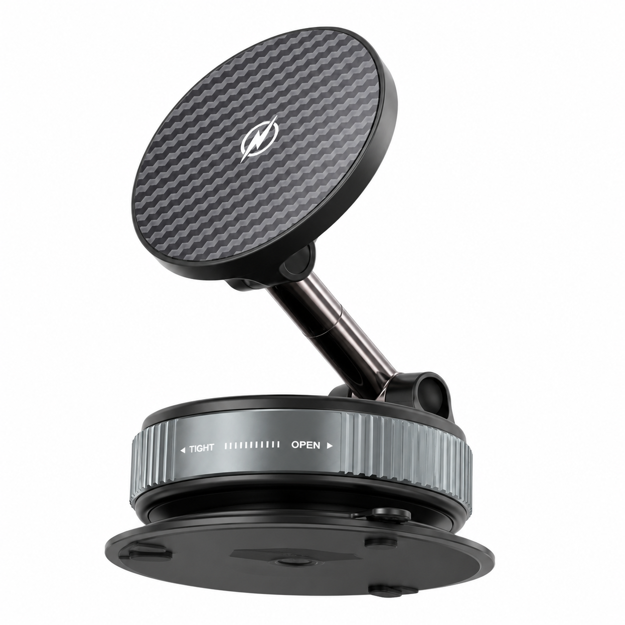 PrimeSync premium magnetic dashboard car mount standing upright, featuring a sleek carbon fiber patterned magnetic head, dual-axis adjustable metallic neck, and heavy-duty twist-lock suction base on a clean white background.