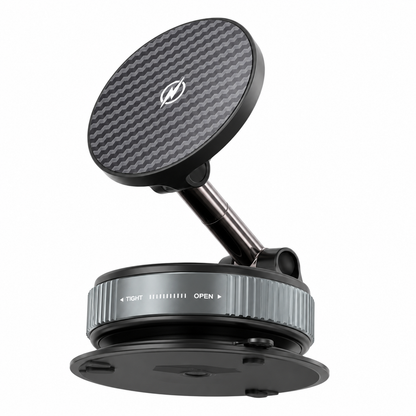 PrimeSync premium magnetic dashboard car mount standing upright, featuring a sleek carbon fiber patterned magnetic head, dual-axis adjustable metallic neck, and heavy-duty twist-lock suction base on a clean white background.