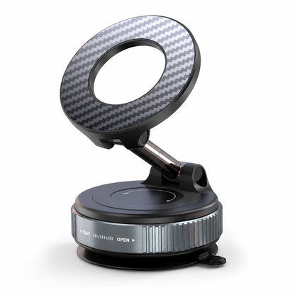 PrimeSync premium magnetic dashboard car non charging mount standing upright, featuring a sleek carbon fiber patterned magnetic head, dual-axis adjustable metallic neck, and heavy-duty twist-lock suction base on a clean white background.