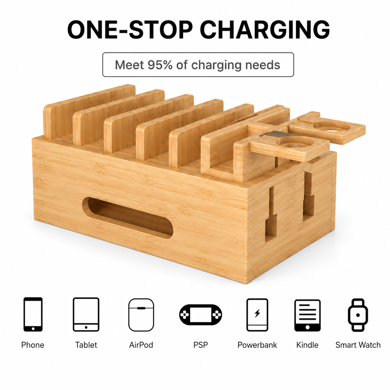 Bamboo charging station seamlessly blending into a modern kitchen island countertop.