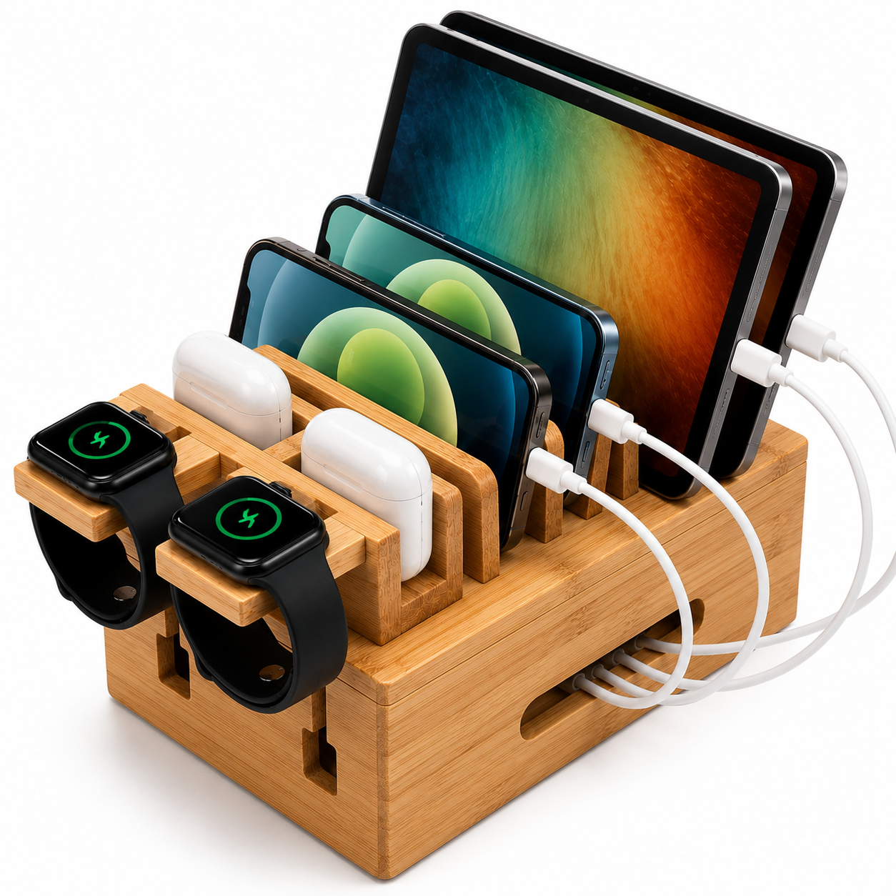 Spacious slotted bamboo charging dock holding multiple phones, an e-reader, and a power bank.