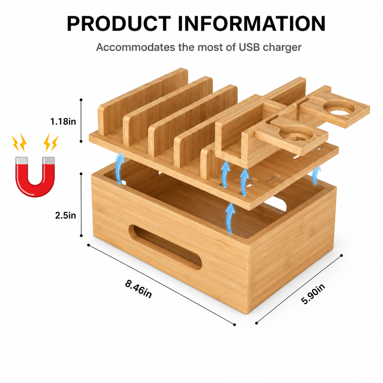 Magnetic base of the bamboo charging station opened to reveal hidden cable management.