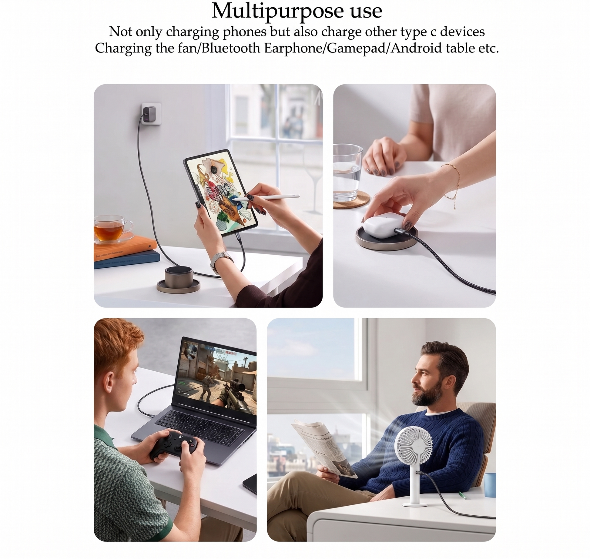 Using a charging cable with various devices in different settings. Multi purpose in all settings.