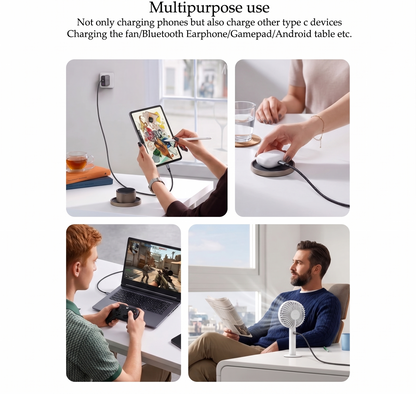 Using a charging cable with various devices in different settings. Multi purpose in all settings.