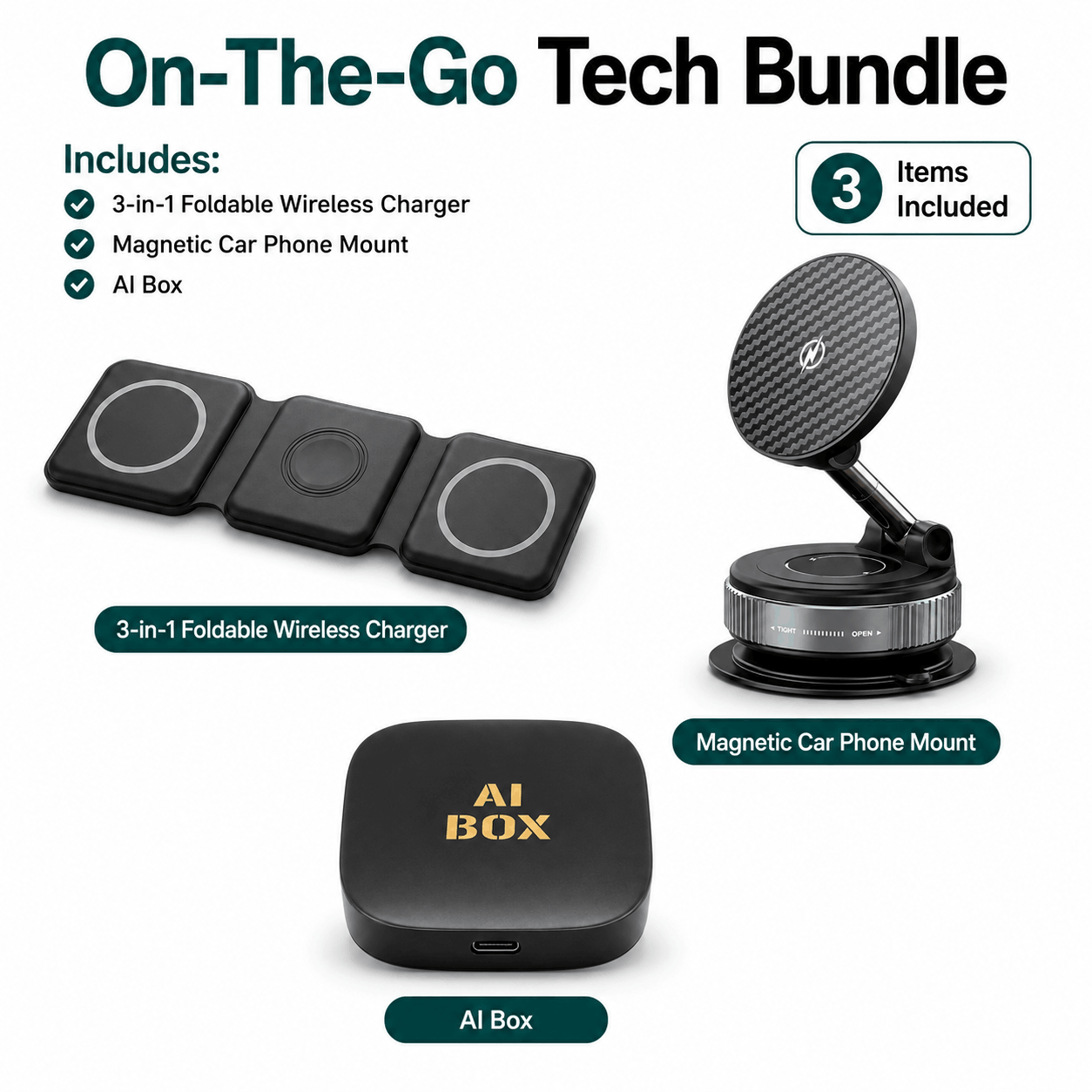 On-The-Go Tech Bundle with 3-in-1 Foldable Wireless Charger, Magnetic Car Phone Mount, and AI Box.