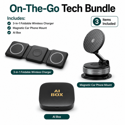 On-The-Go Tech Bundle with 3-in-1 Foldable Wireless Charger, Magnetic Car Phone Mount, and AI Box.