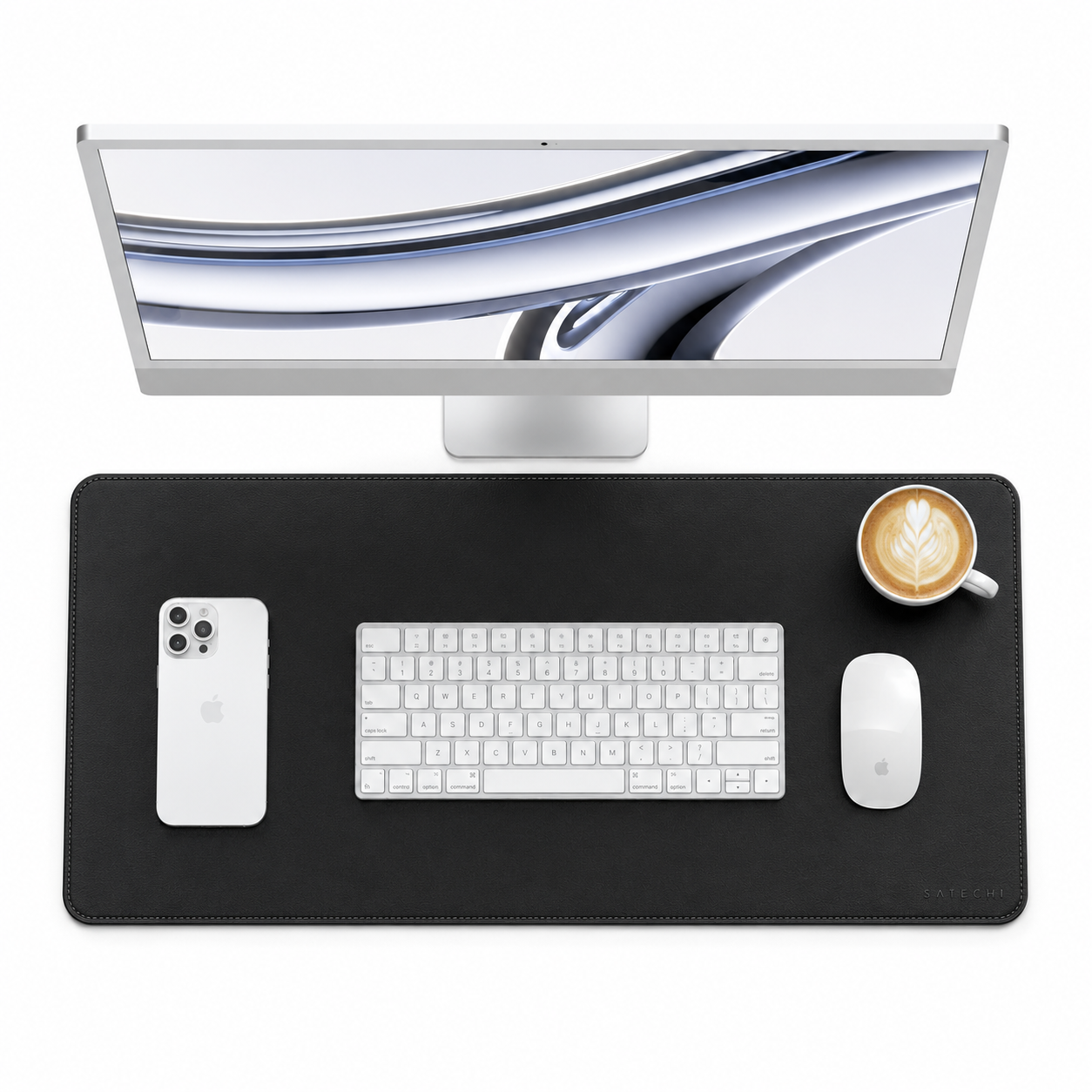 PrimeSync premium vegan leather desk mat in black, featuring a smooth matte surface, elegant rounded corners, and uniform edge stitching for a clean, minimalist remote workspace.