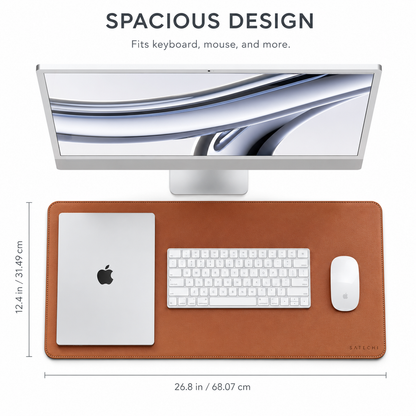 PrimeSync premium vegan leather desk mat in brown, featuring a smooth matte surface, elegant rounded corners, and uniform edge stitching for a clean, minimalist remote workspace.