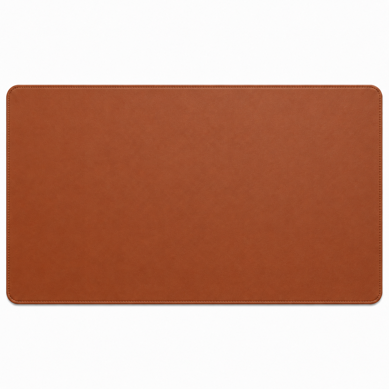 PrimeSync premium vegan leather desk mat in Brown, featuring a smooth matte surface, elegant rounded corners, and uniform edge stitching for a clean, minimalist remote workspace.
