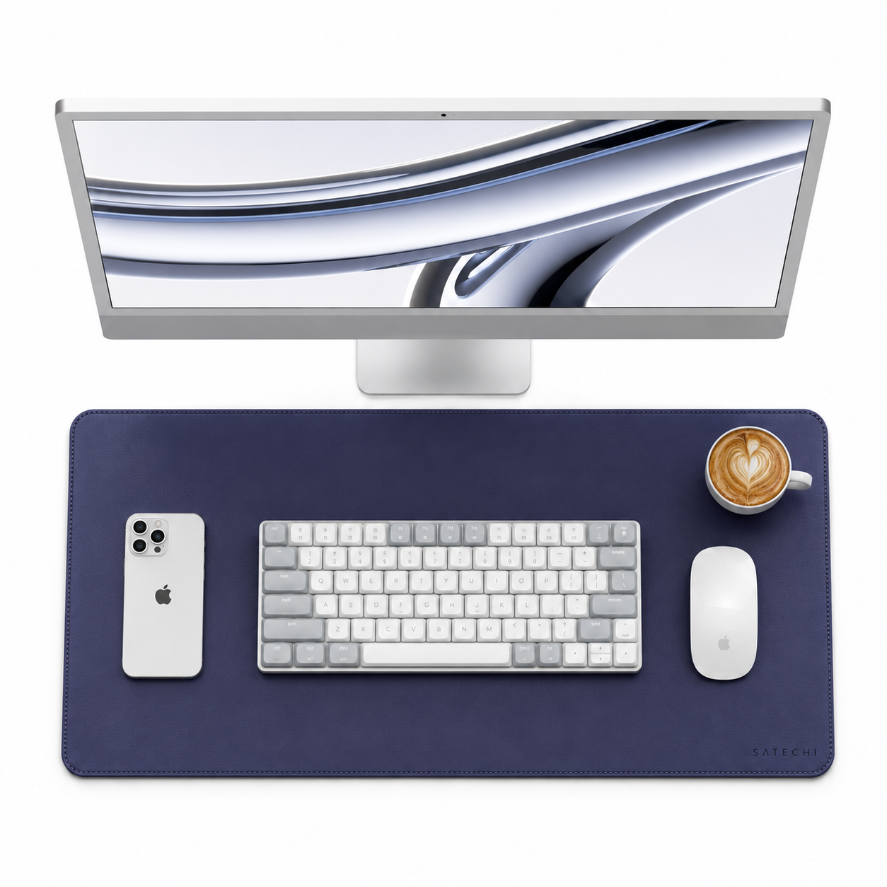 PrimeSync premium vegan leather desk mat in indigo, featuring a smooth matte surface, elegant rounded corners, and uniform edge stitching for a clean, minimalist remote workspace.