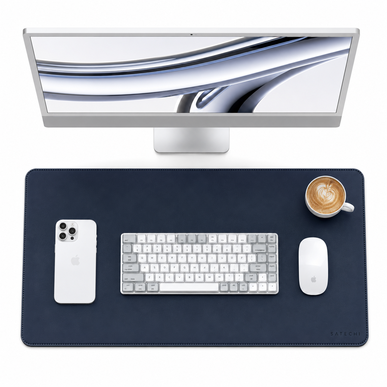 PrimeSync premium vegan leather desk mat in dark midnight blue, featuring a smooth matte surface, elegant rounded corners, and uniform edge stitching for a clean, minimalist remote workspace.
