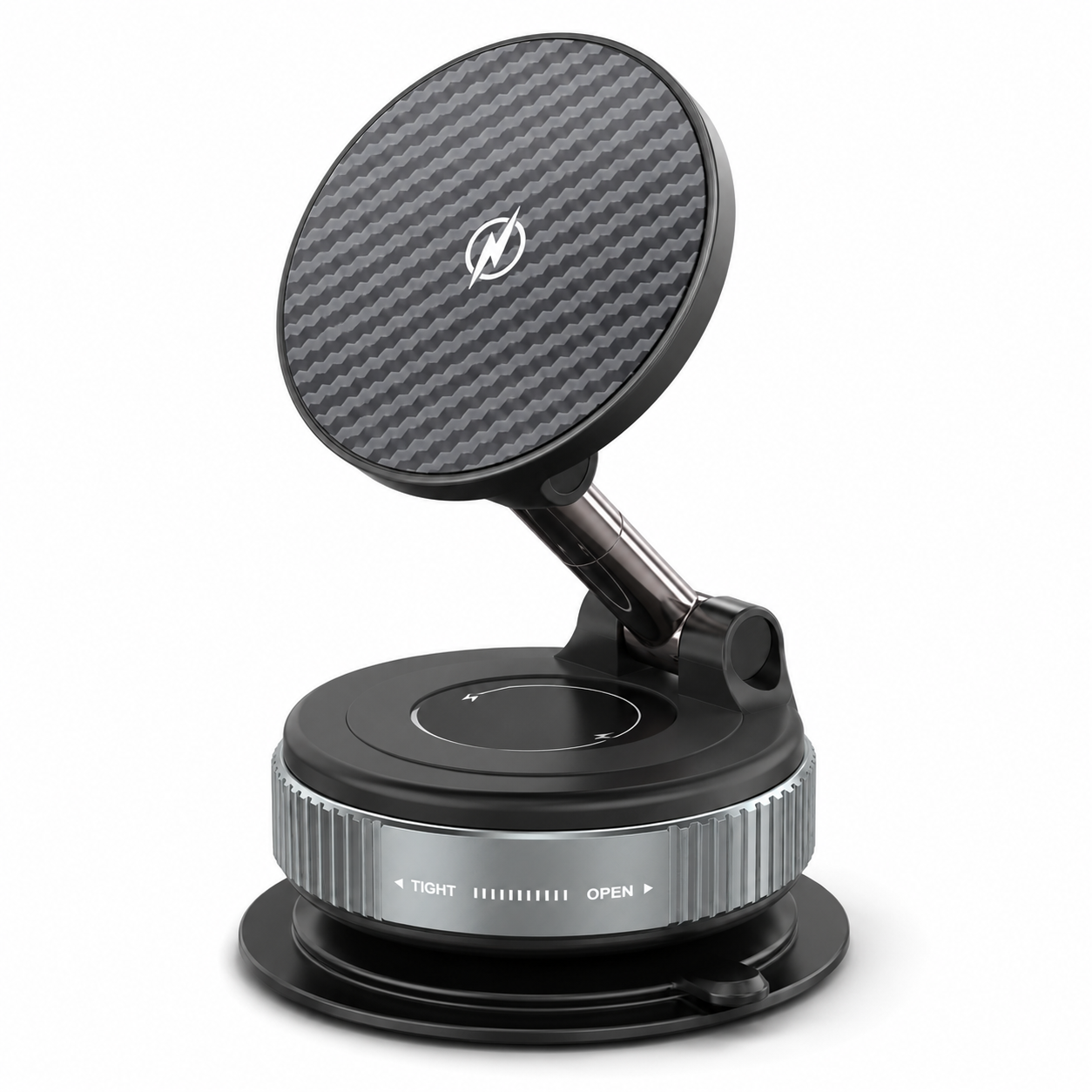PrimeSync premium magnetic dashboard car mount standing upright, featuring a sleek carbon fiber patterned magnetic head, dual-axis adjustable metallic neck, and heavy-duty twist-lock suction base on a clean white background.