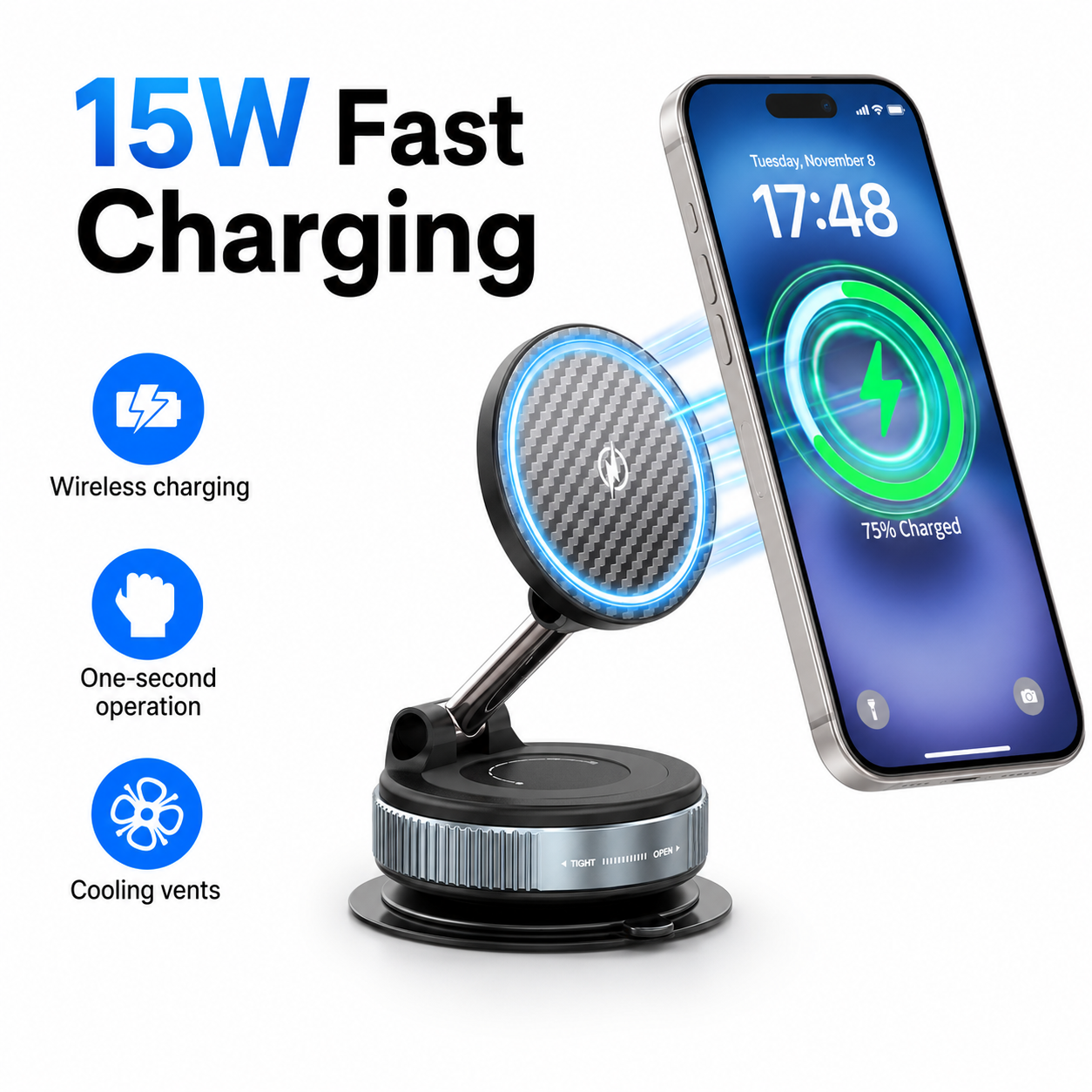 Infographic showing a modern smartphone connecting to the PrimeSync car mount with a glowing 15W fast wireless charging animation. Icons highlight wireless charging capability, one-second magnetic operation, and built-in cooling vents.
