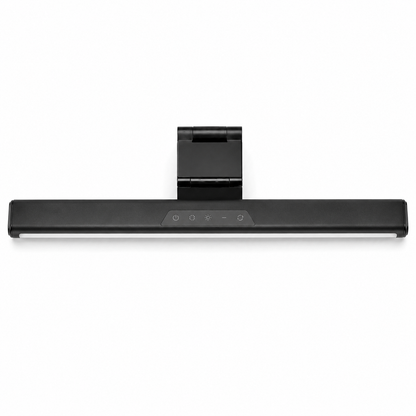 Front view of the PrimeSync monitor light bar folded into a sleek, low-profile horizontal position. The top touch-sensitive control panel is clearly visible, highlighting icons for power, color temperature, brightness adjustment, and the auto-dimming sensor.