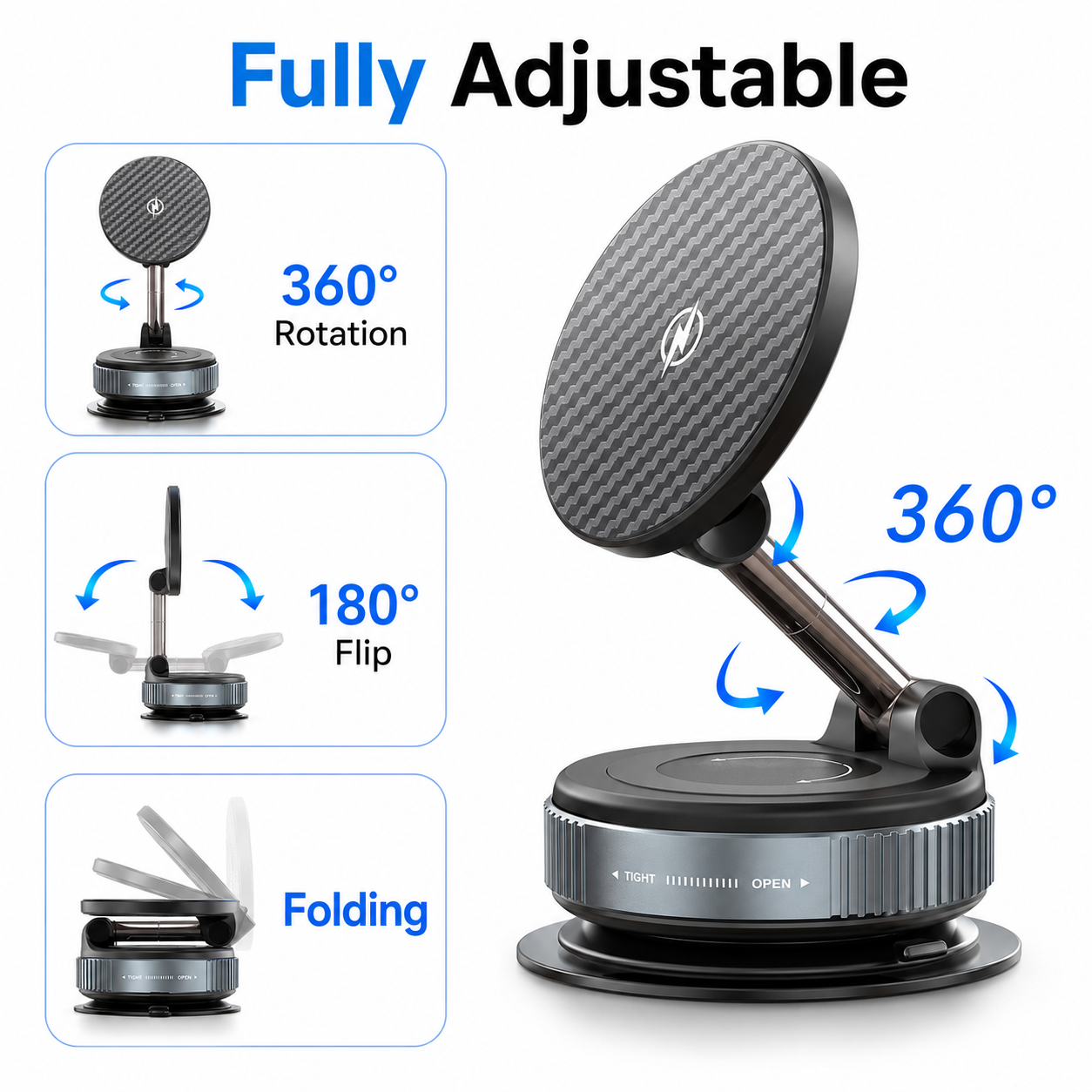 Infographic demonstrating the fully adjustable features of the PrimeSync magnetic car mount, highlighting 360-degree magnetic head rotation, 180-degree arm flip adjustability, and a complete flat-folding design.