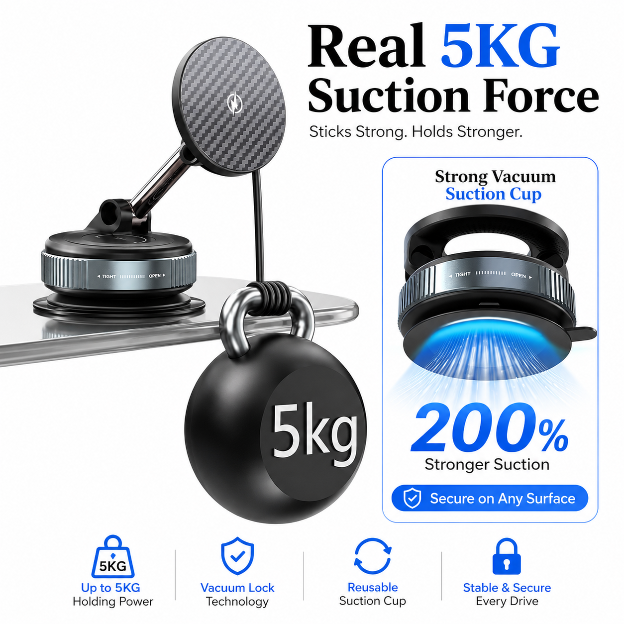Durability test infographic showing the PrimeSync magnetic car mount attached upside down to glass, supporting a heavy 5kg kettlebell weight. Features highlight the strong vacuum lock technology, reusable suction cup, and secure stability for every drive.