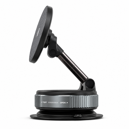 Side profile view of the PrimeSync magnetic car mount folded into a compact, low-profile position, showcasing the adjustable multi-joint metallic arm and the thick silicone suction cup with a twist-lock locking ring.