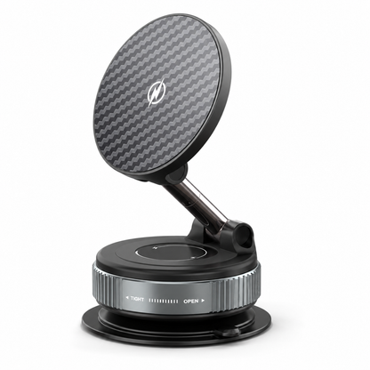 PrimeSync premium magnetic dashboard car mount standing upright, featuring a sleek carbon fiber patterned magnetic head, dual-axis adjustable metallic neck, and heavy-duty twist-lock suction base on a clean white background.