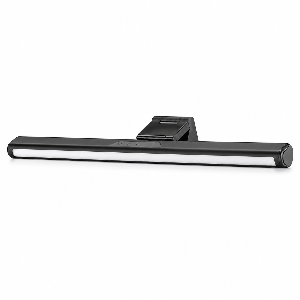 Front view of the PrimeSync monitor light bar folded into a sleek, low-profile horizontal position. The top touch-sensitive control panel is clearly visible, highlighting icons for power, color temperature, brightness adjustment, and the auto-dimming sensor.