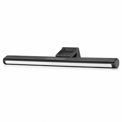 Front view of the PrimeSync monitor light bar folded into a sleek, low-profile horizontal position. The top touch-sensitive control panel is clearly visible, highlighting icons for power, color temperature, brightness adjustment, and the auto-dimming sensor.
