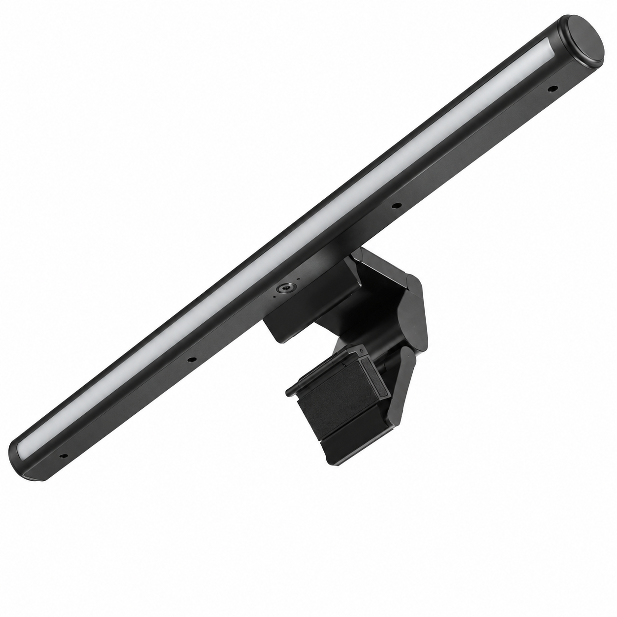 PrimeSync premium asymmetrical monitor light bar shown from a diagonal angle, featuring a matte black cylindrical aluminum body, a white anti-glare light diffuser, and a heavy-duty padded gravity counterweight clamp on a solid white background.